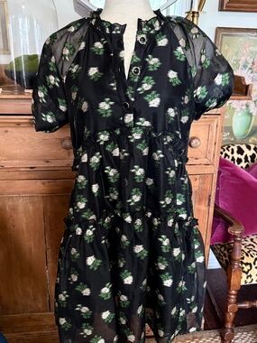 Anthropologie Maeve Floral Embroidered Short-Puff Sleeve V-Neck Tiered Dress XS